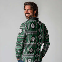 Fiji Masi Tapa Pattern Green Long Sleeve Polo Shirt LT01 - Polynesian Pride