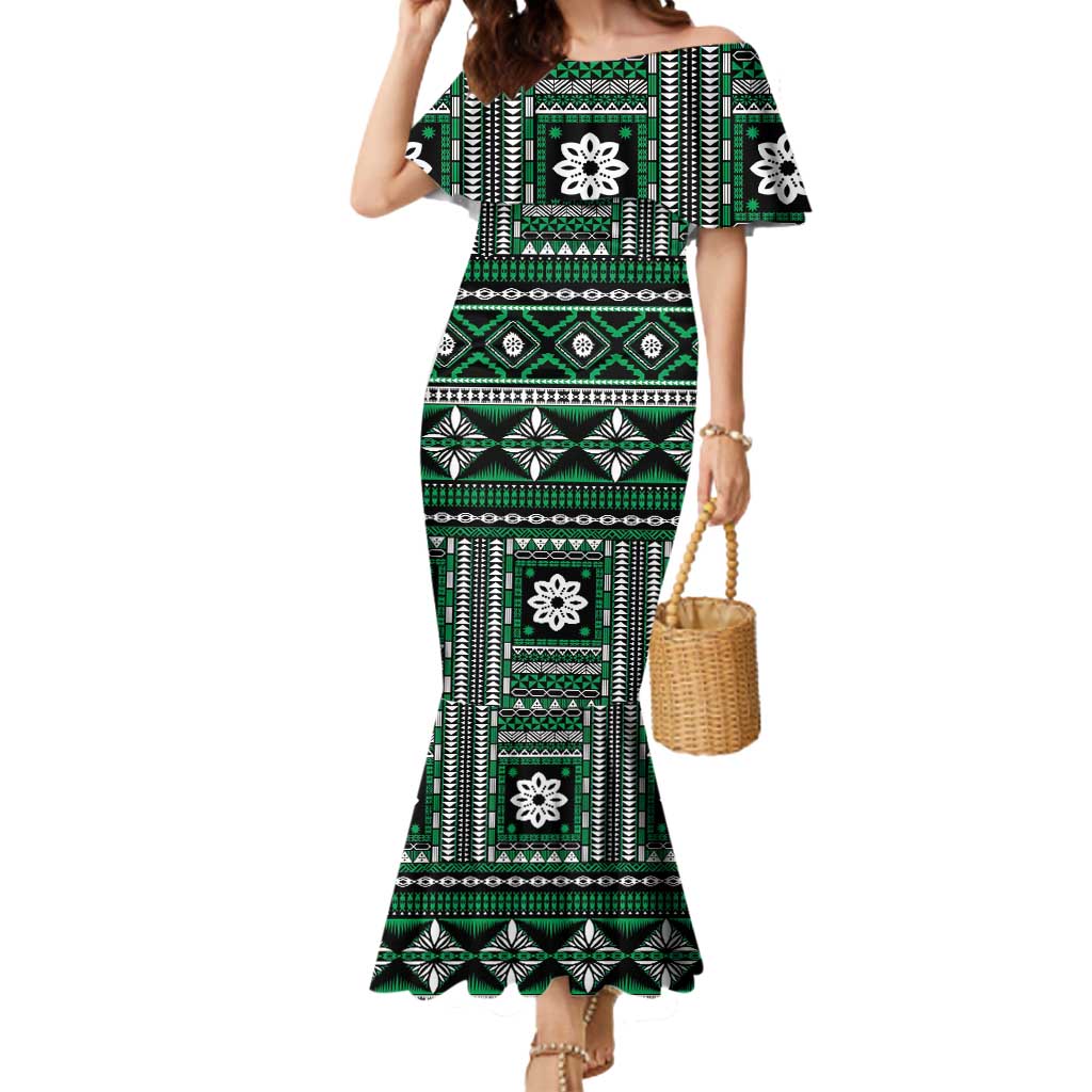 Fiji Masi Tapa Pattern Green Mermaid Dress LT01 Women Green - Polynesian Pride