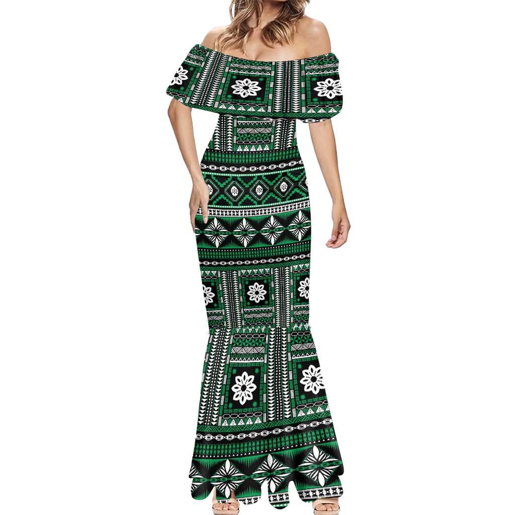 Fiji Masi Tapa Pattern Green Mermaid Dress LT01 - Polynesian Pride