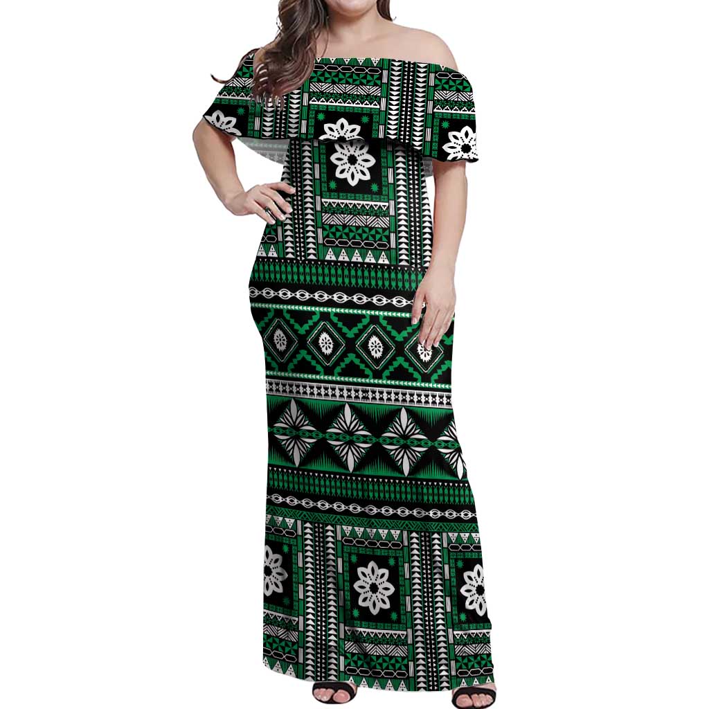 Fiji Masi Tapa Pattern Green Off Shoulder Maxi Dress LT01 Women Green - Polynesian Pride