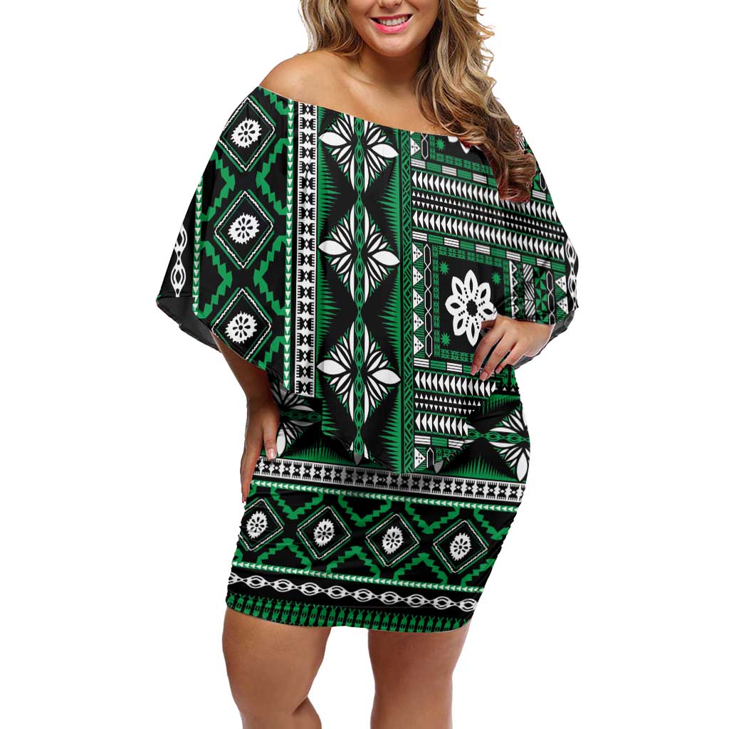 Fiji Masi Tapa Pattern Green Off Shoulder Short Dress LT01 Women Green - Polynesian Pride