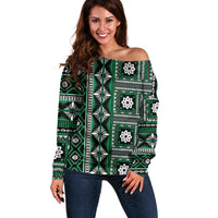 Fiji Masi Tapa Pattern Green Off Shoulder Sweater LT01 Women Green - Polynesian Pride