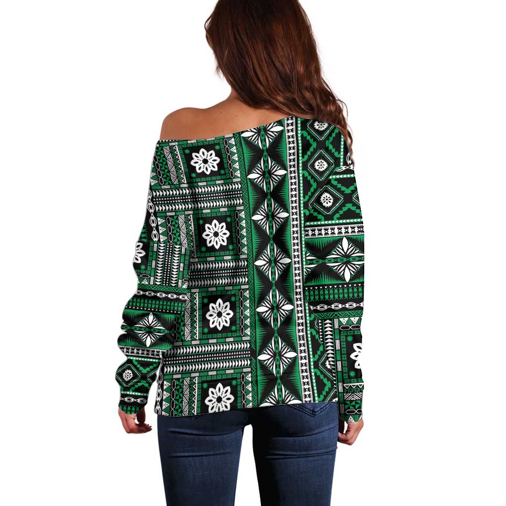 Fiji Masi Tapa Pattern Green Off Shoulder Sweater LT01 - Polynesian Pride