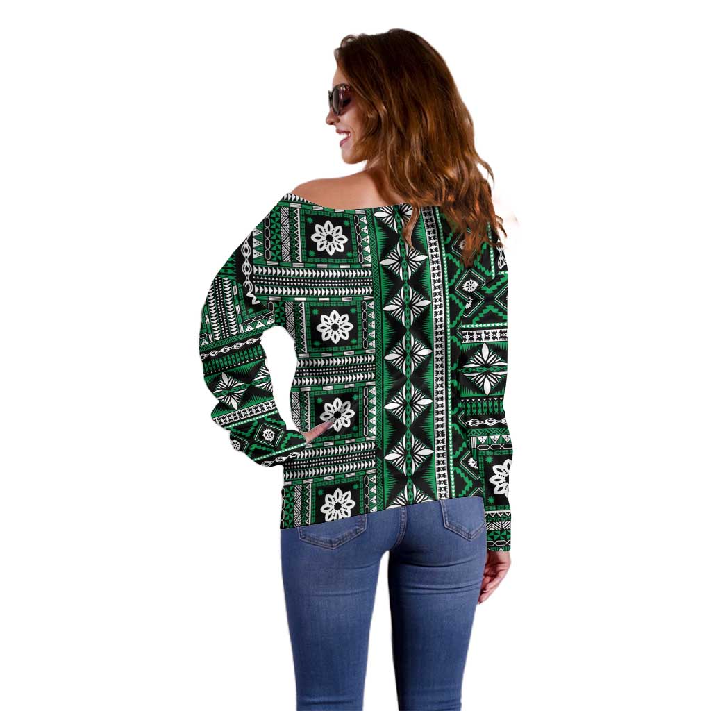 Fiji Masi Tapa Pattern Green Off Shoulder Sweater LT01 - Polynesian Pride