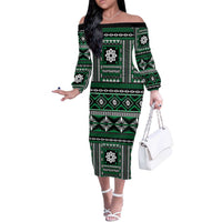 Fiji Masi Tapa Pattern Green Off The Shoulder Long Sleeve Dress LT01 Women Green - Polynesian Pride