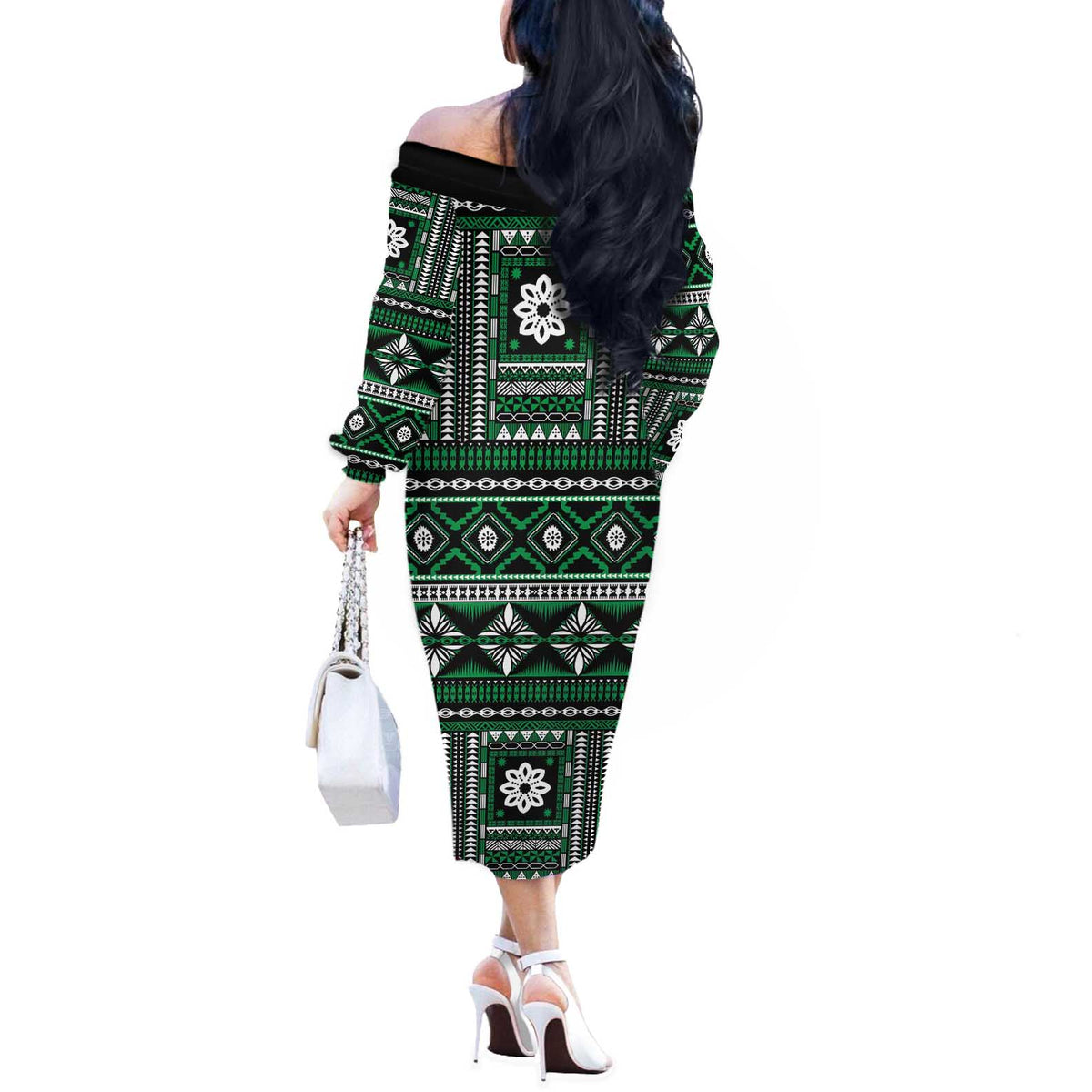 Fiji Masi Tapa Pattern Green Off The Shoulder Long Sleeve Dress LT01 - Polynesian Pride