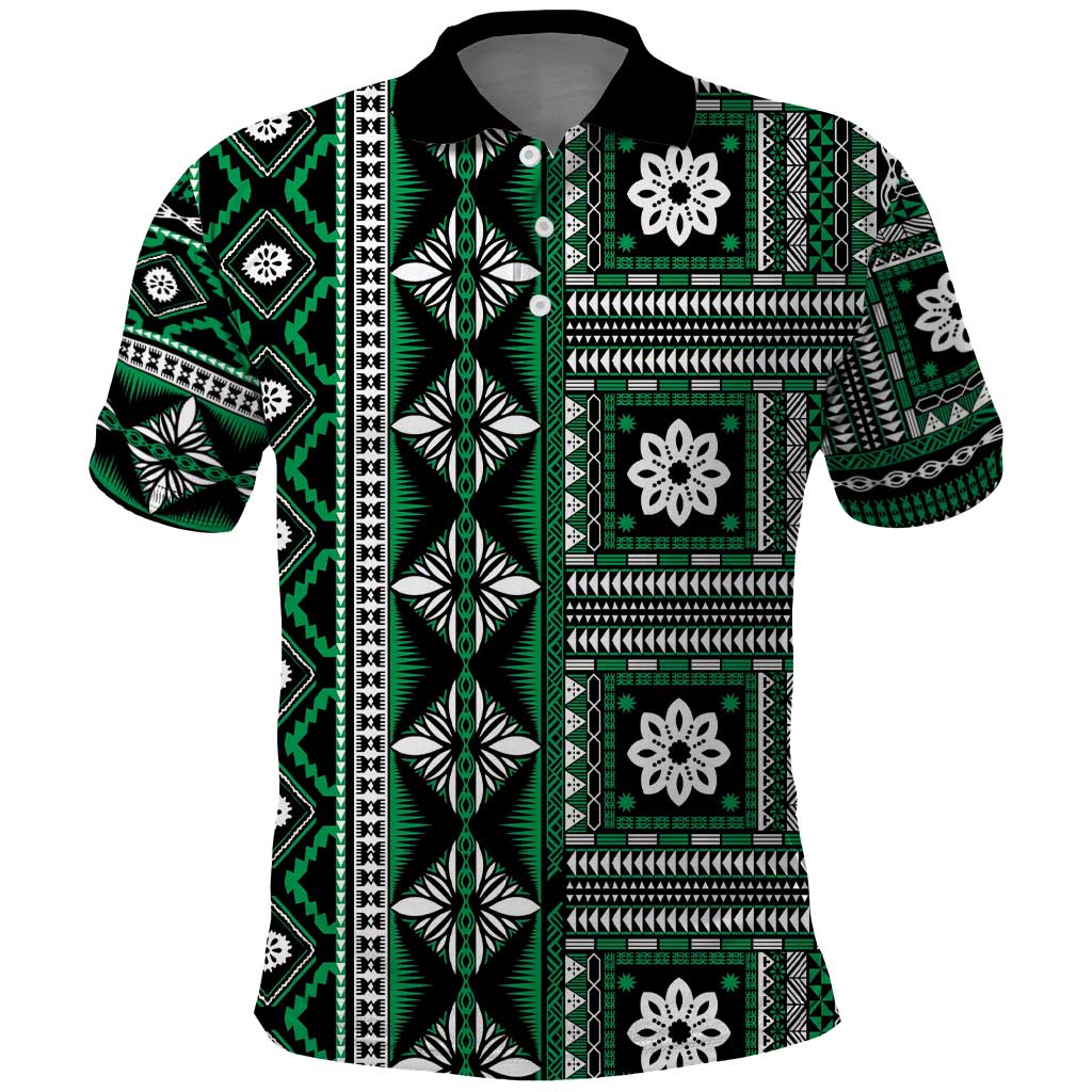 Fiji Masi Tapa Pattern Green Polo Shirt LT01 Green - Polynesian Pride