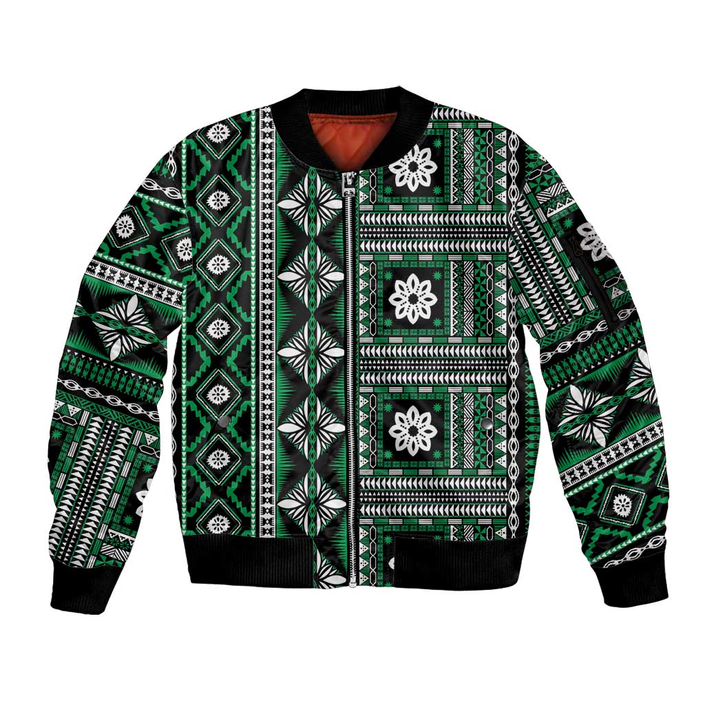 Fiji Masi Tapa Pattern Green Sleeve Zip Bomber Jacket LT01 Unisex Green - Polynesian Pride