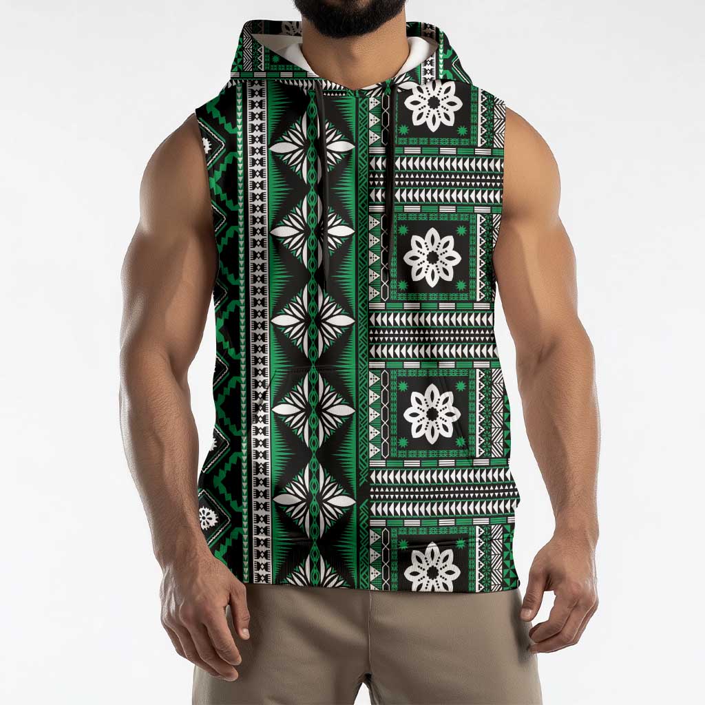 Fiji Masi Tapa Pattern Green Sleeveless Hoodie LT01 - Polynesian Pride