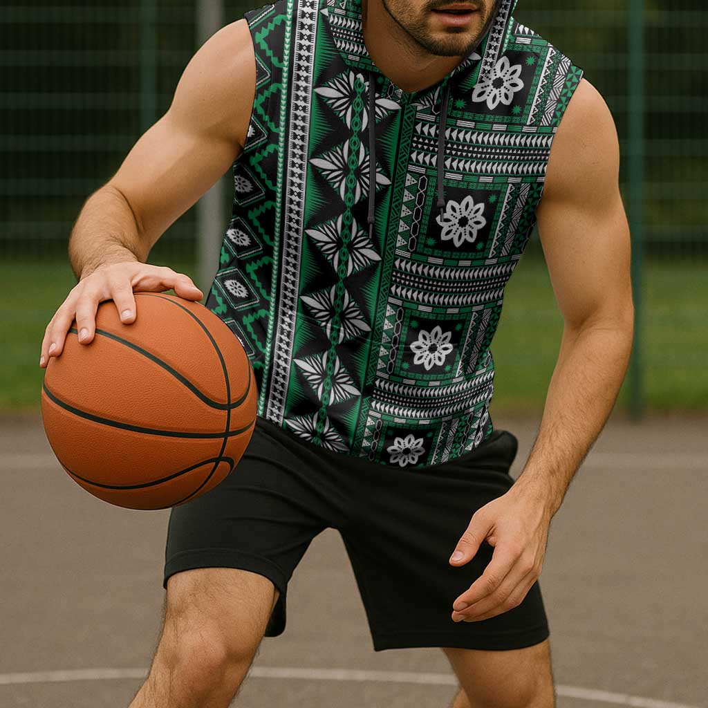 Fiji Masi Tapa Pattern Green Sleeveless Hoodie LT01 - Polynesian Pride