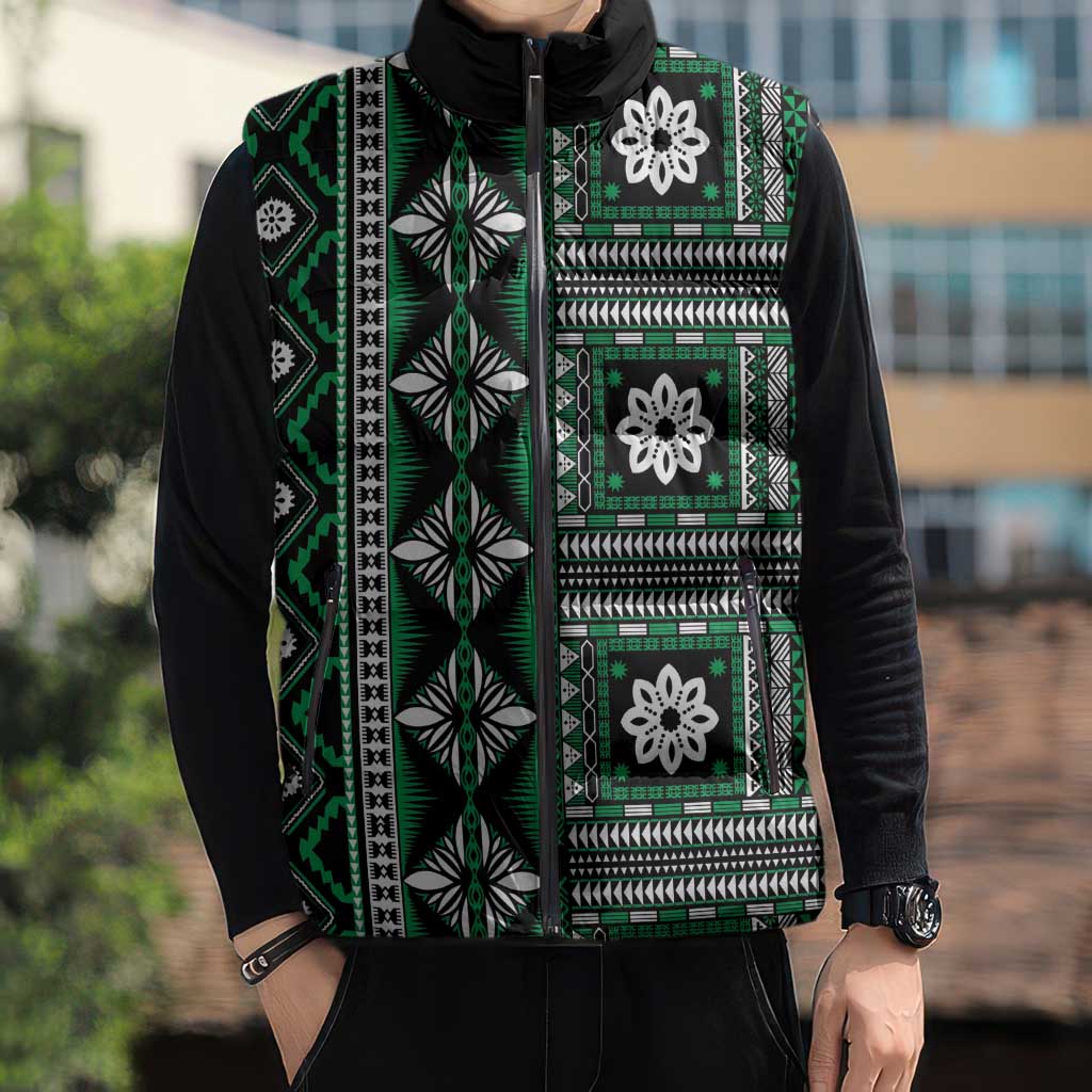 Fiji Masi Tapa Pattern Green Sleeveless Puffer Jacket LT01 - Polynesian Pride