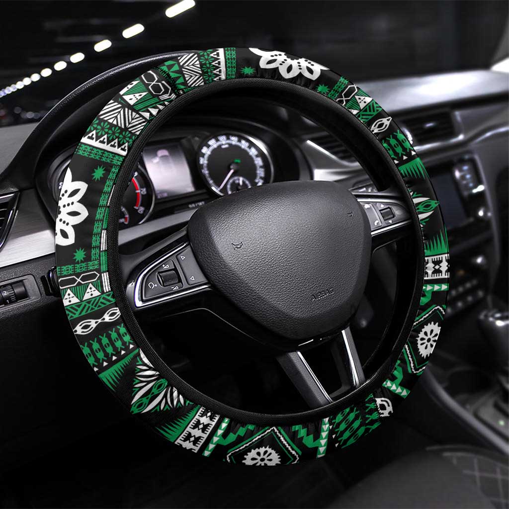 Fiji Masi Tapa Pattern Green Steering Wheel Cover LT01 Universal Fit Green - Polynesian Pride