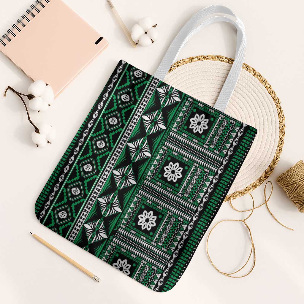 Fiji Masi Tapa Pattern Green Tote Bag LT01 White Strap One Size Green - Polynesian Pride