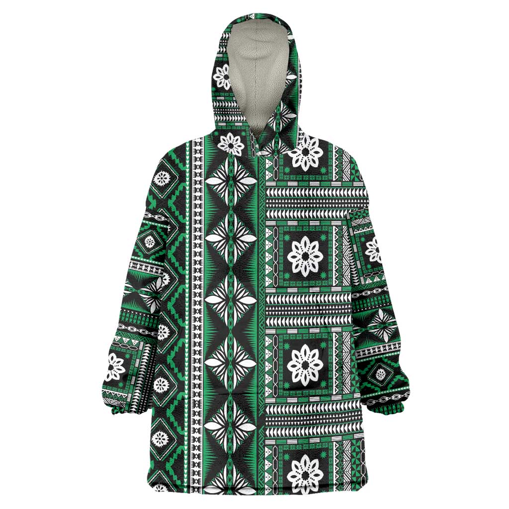 Fiji Masi Tapa Pattern Green Wearable Blanket Hoodie LT01 One Size Green - Polynesian Pride