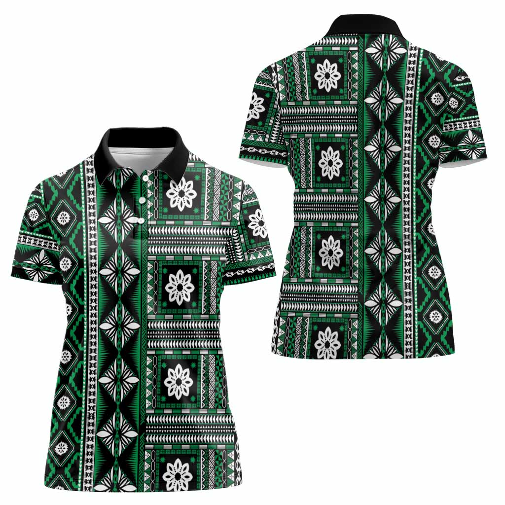 Fiji Masi Tapa Pattern Green Women Polo Shirt LT01 - Polynesian Pride