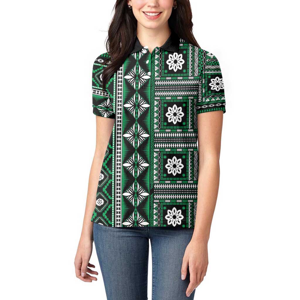 Fiji Masi Tapa Pattern Green Women Polo Shirt LT01 - Polynesian Pride