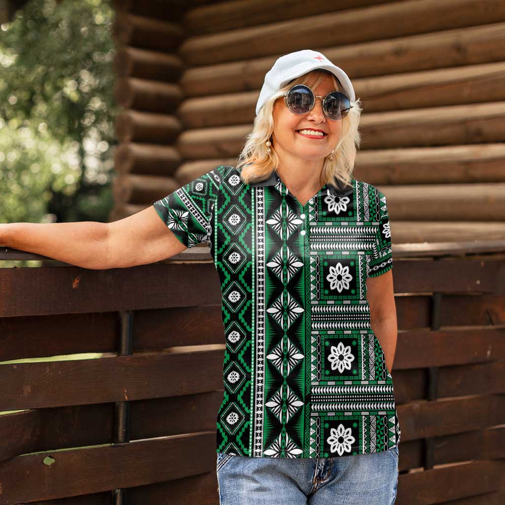 Fiji Masi Tapa Pattern Green Women Polo Shirt LT01 - Polynesian Pride