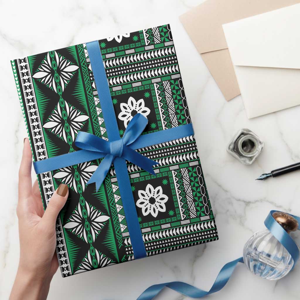 Fiji Masi Tapa Pattern Green Wrapping Paper LT01 - Polynesian Pride