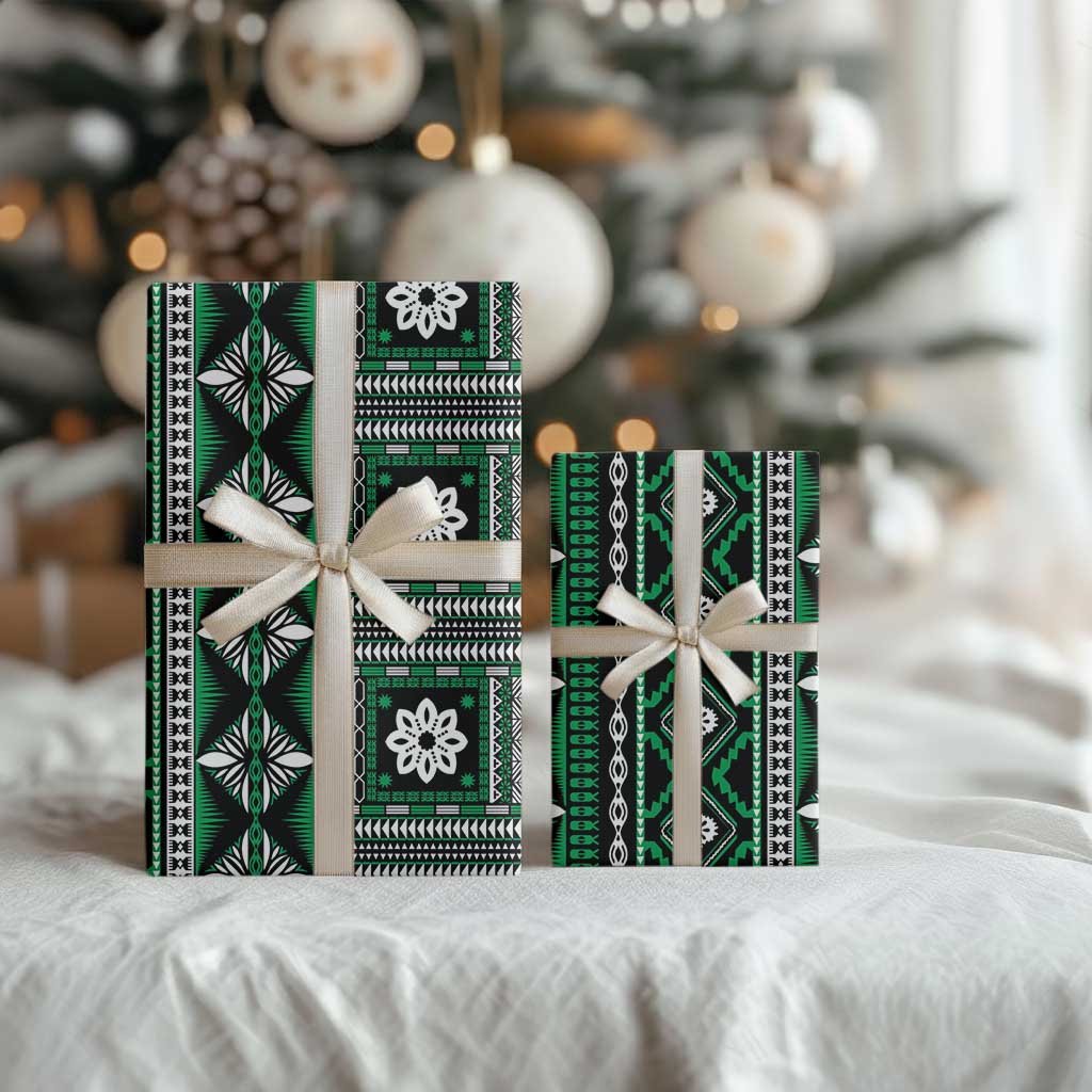 Fiji Masi Tapa Pattern Green Wrapping Paper LT01 - Polynesian Pride