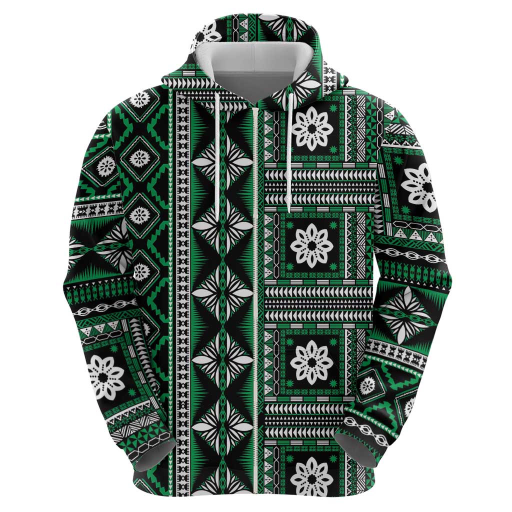 Fiji Masi Tapa Pattern Green Zip Hoodie LT01 - Polynesian Pride