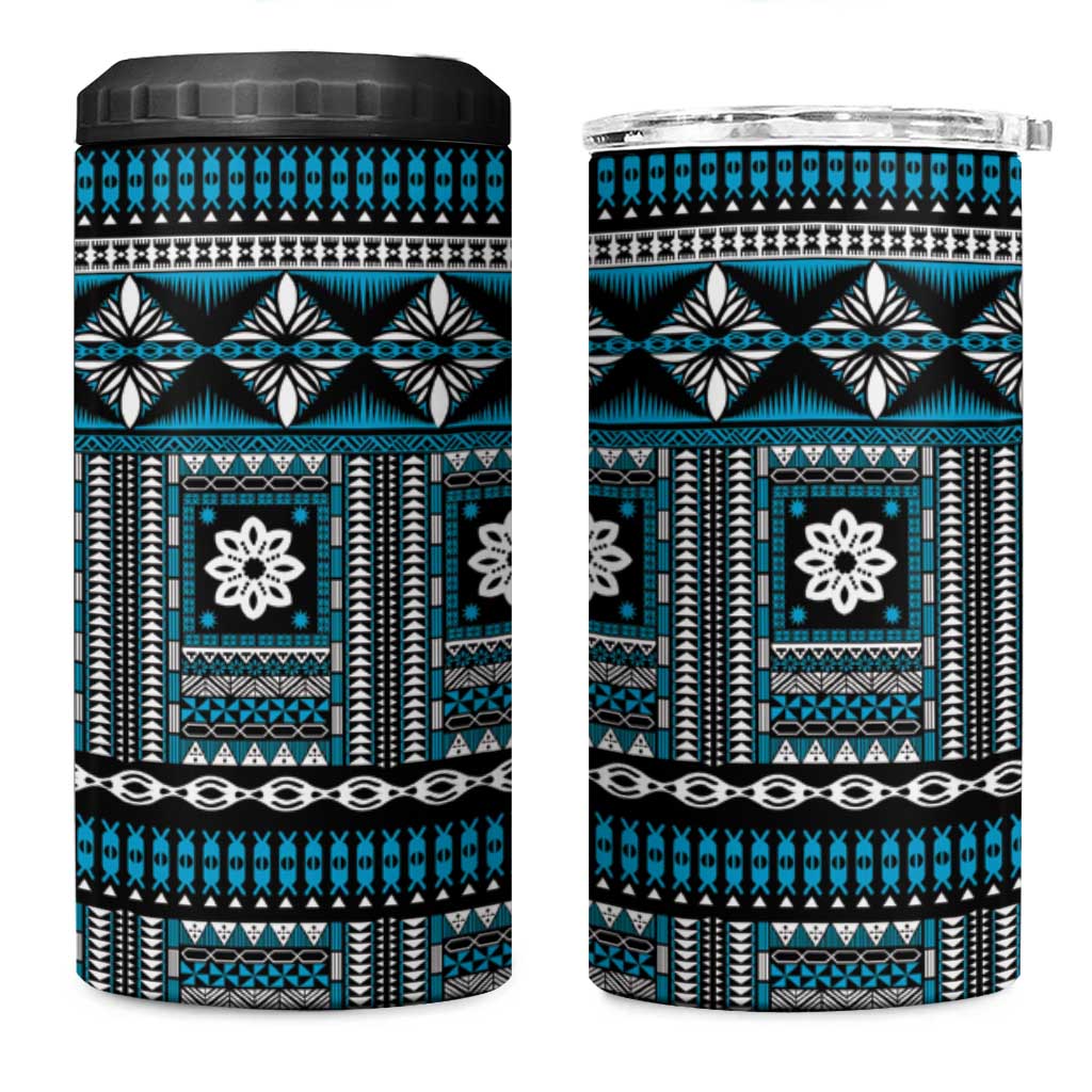 Fiji Masi Tapa Pattern Blue 4 in 1 Can Cooler Tumbler LT01 One Size: 16 oz Blue - Polynesian Pride