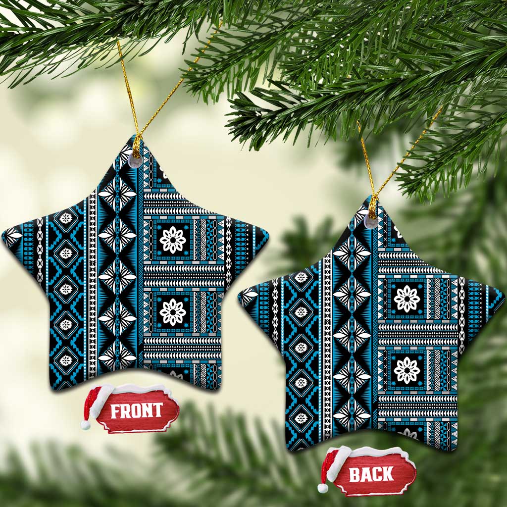Fiji Masi Tapa Pattern Blue Ceramic Ornament LT01 Star Blue - Polynesian Pride