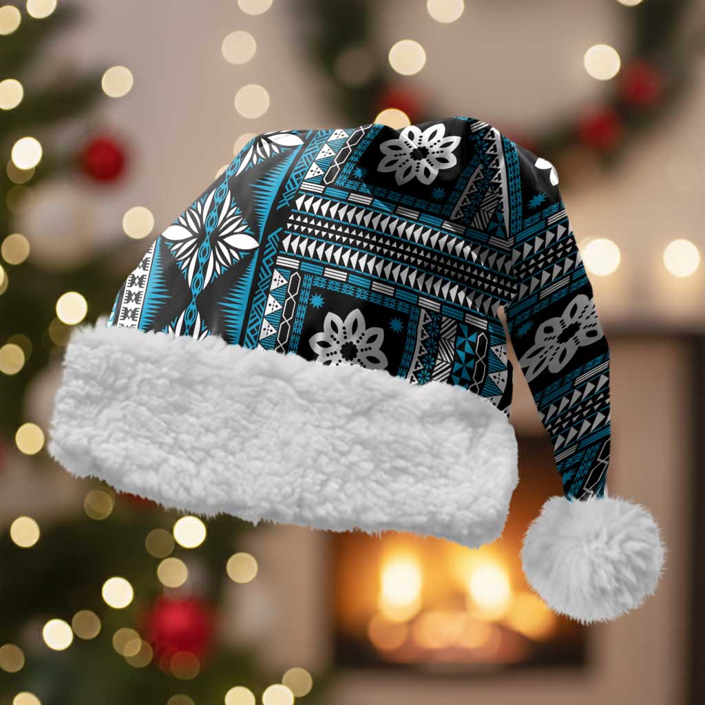 Fiji Masi Tapa Pattern Blue Christmas Santa Hat LT01 With Fur Blue - Polynesian Pride