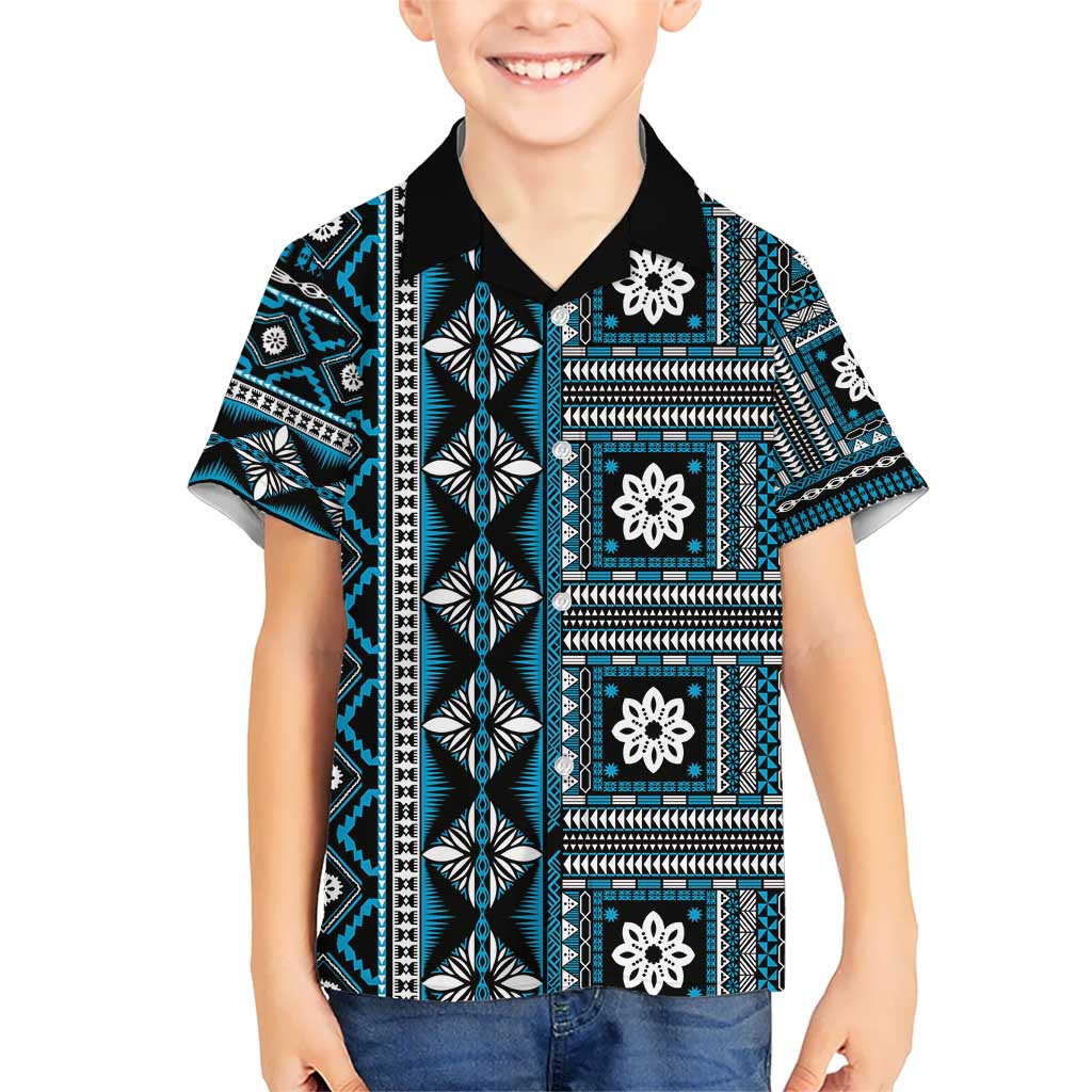 Fiji Masi Tapa Pattern Blue Kid Hawaiian Shirt LT01 Kid Blue - Polynesian Pride