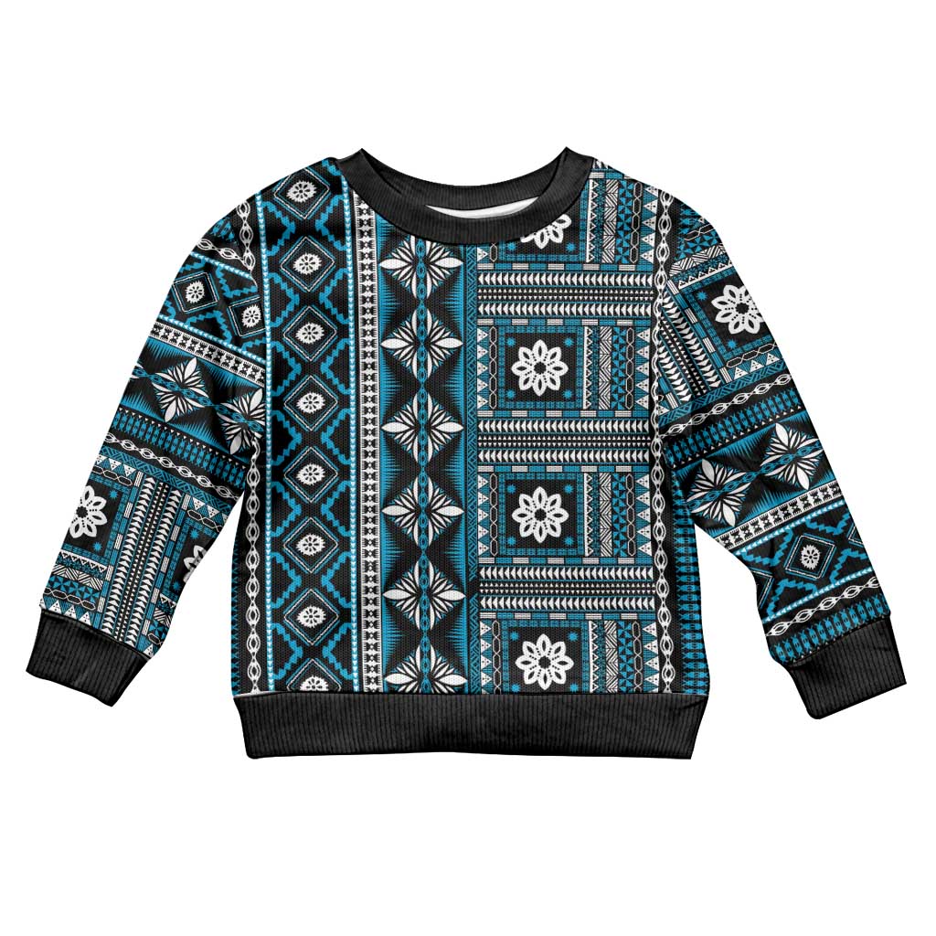 Fiji Masi Tapa Pattern Blue Kid Ugly Christmas Sweater LT01 Kid Blue - Polynesian Pride