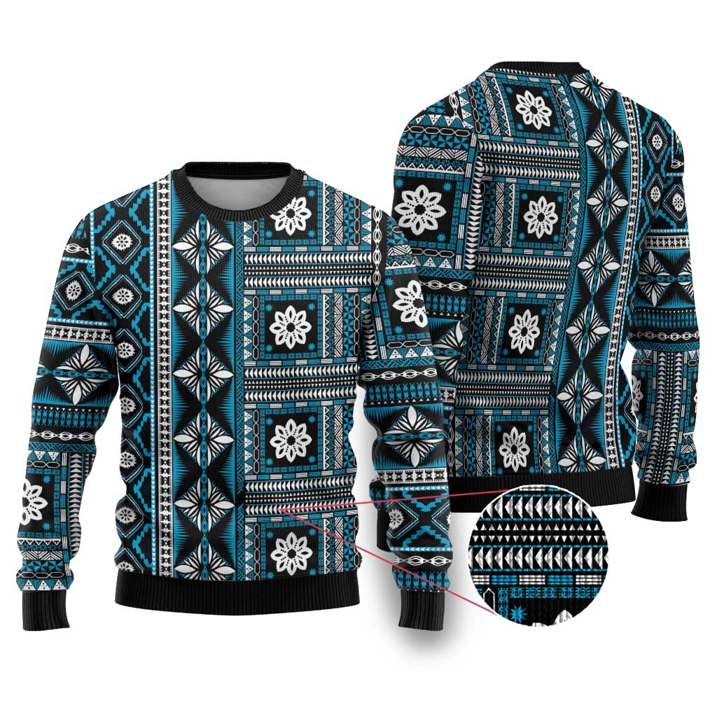 Fiji Masi Tapa Pattern Blue Ugly Christmas Sweater LT01 Blue - Polynesian Pride