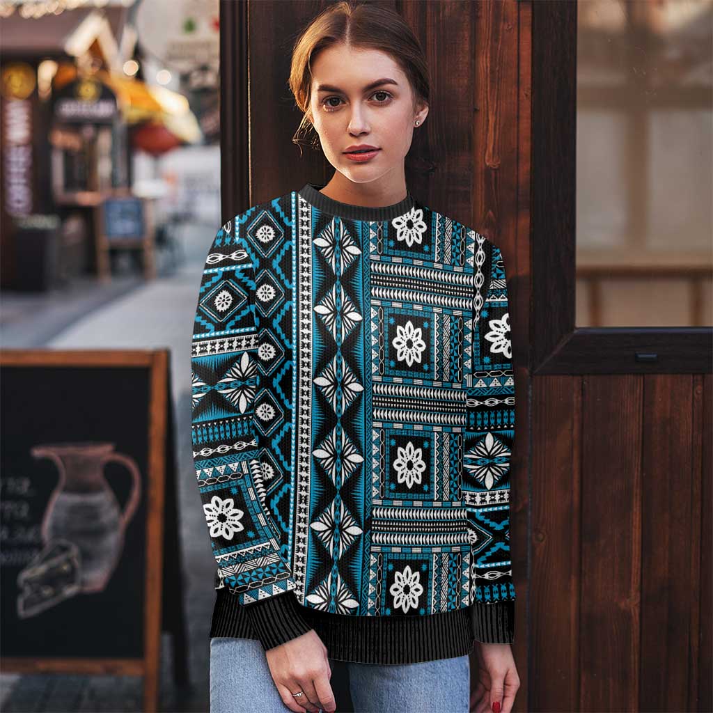 Fiji Masi Tapa Pattern Blue Ugly Christmas Sweater LT01 - Polynesian Pride
