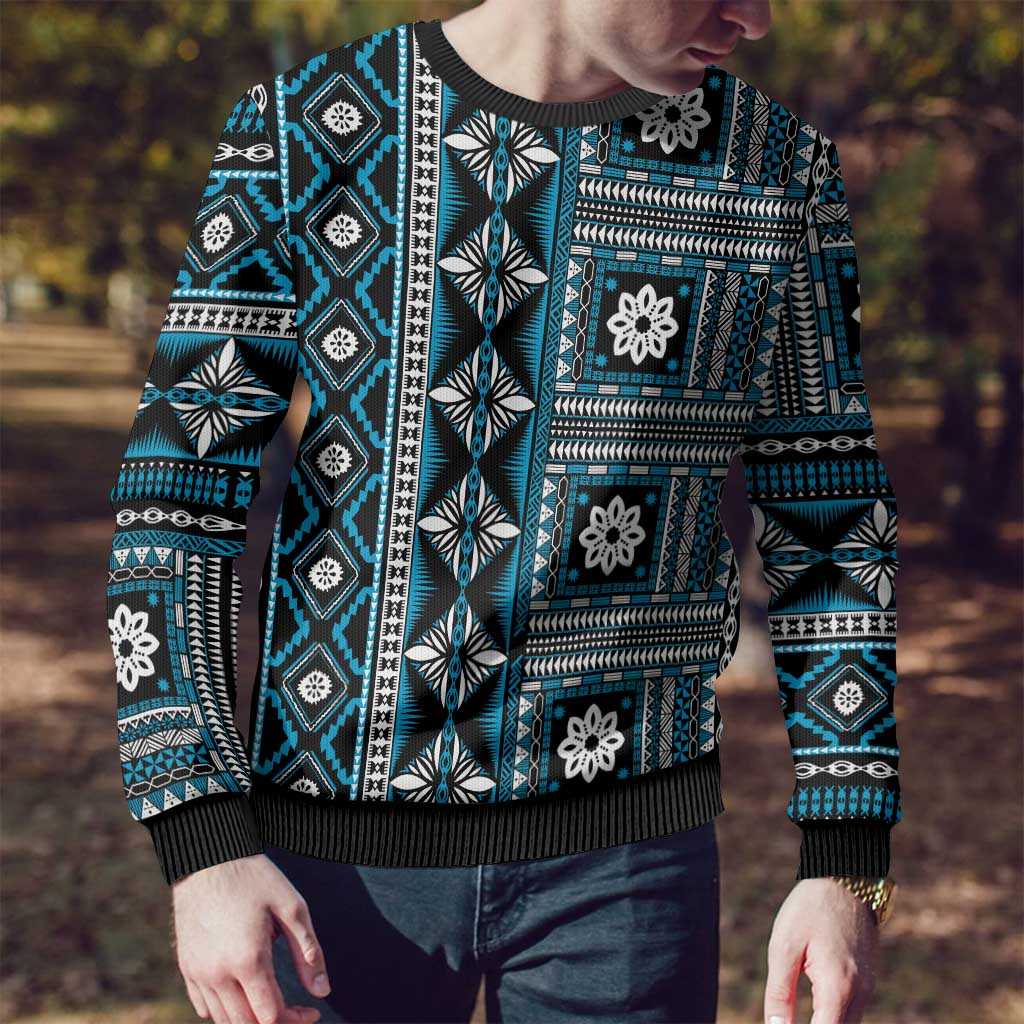 Fiji Masi Tapa Pattern Blue Ugly Christmas Sweater LT01 - Polynesian Pride