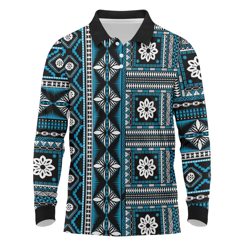Fiji Masi Tapa Pattern Blue Long Sleeve Polo Shirt LT01 Blue - Polynesian Pride