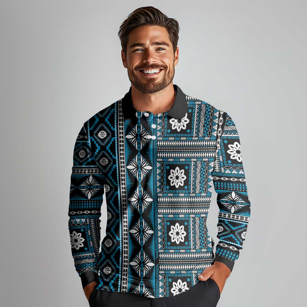 Fiji Masi Tapa Pattern Blue Long Sleeve Polo Shirt LT01 - Polynesian Pride