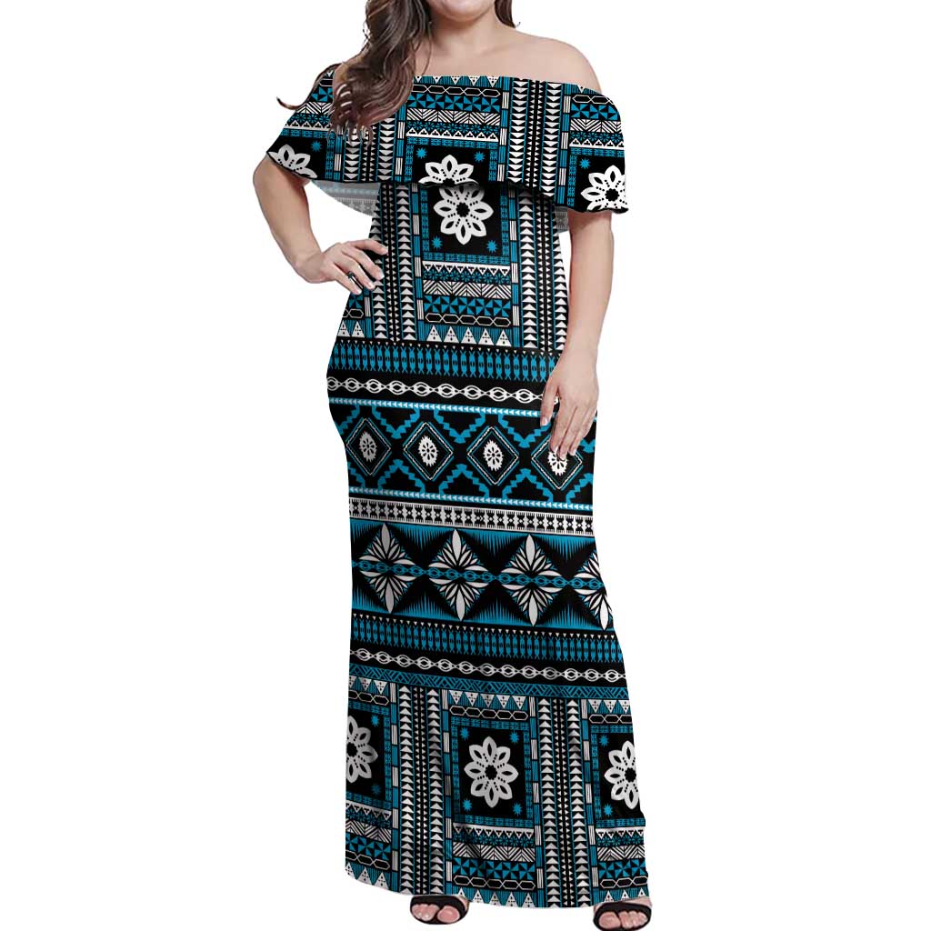 Fiji Masi Tapa Pattern Blue Off Shoulder Maxi Dress LT01 Women Blue - Polynesian Pride