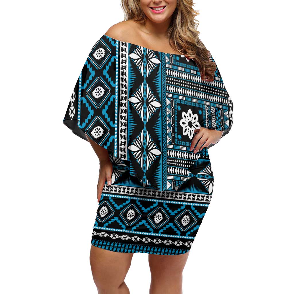Fiji Masi Tapa Pattern Blue Off Shoulder Short Dress LT01 Women Blue - Polynesian Pride