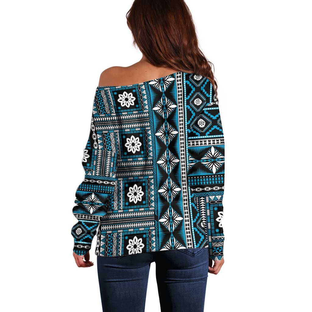 Fiji Masi Tapa Pattern Blue Off Shoulder Sweater LT01 - Polynesian Pride