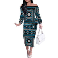 Fiji Masi Tapa Pattern Blue Off The Shoulder Long Sleeve Dress LT01 Women Blue - Polynesian Pride