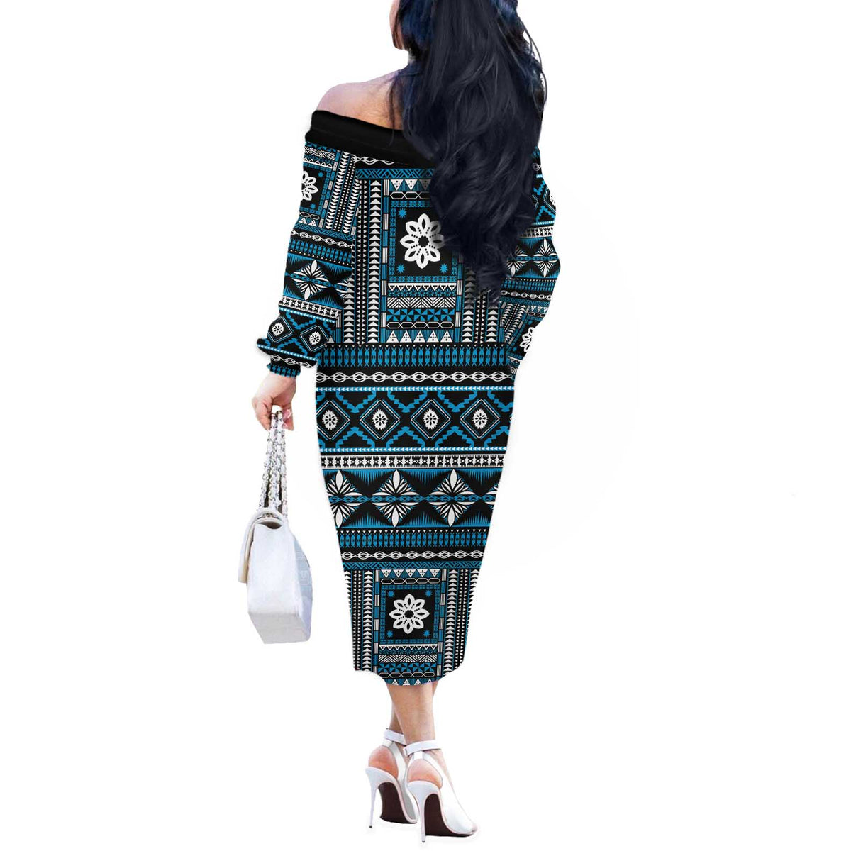 Fiji Masi Tapa Pattern Blue Off The Shoulder Long Sleeve Dress LT01 - Polynesian Pride