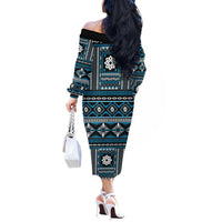 Fiji Masi Tapa Pattern Blue Off The Shoulder Long Sleeve Dress LT01 - Polynesian Pride