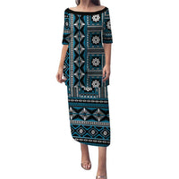 Fiji Masi Tapa Pattern Blue Puletasi LT01 Long Dress Blue - Polynesian Pride