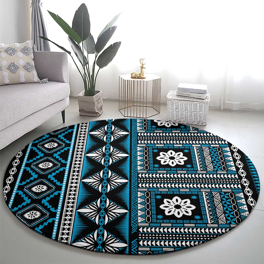 Fiji Masi Tapa Pattern Blue Round Carpet LT01 - Polynesian Pride