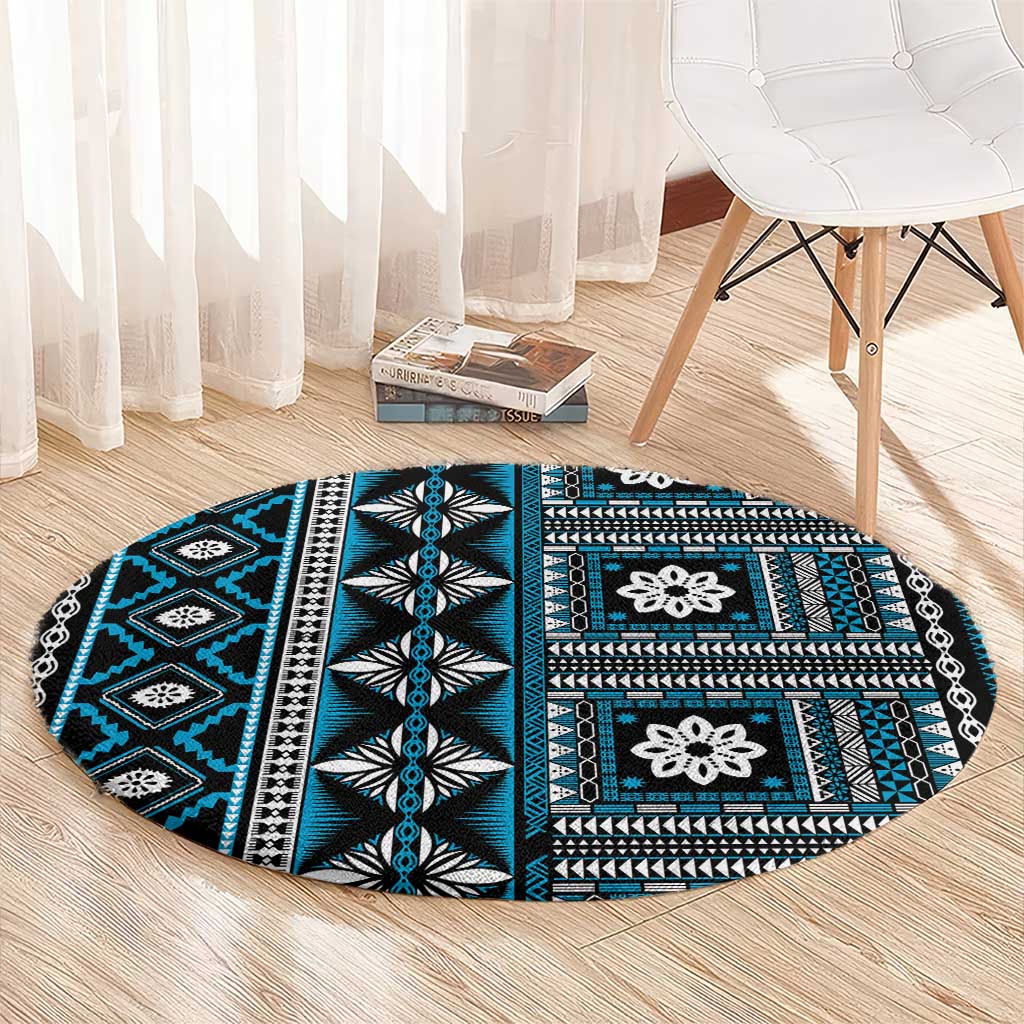 Fiji Masi Tapa Pattern Blue Round Carpet LT01 - Polynesian Pride