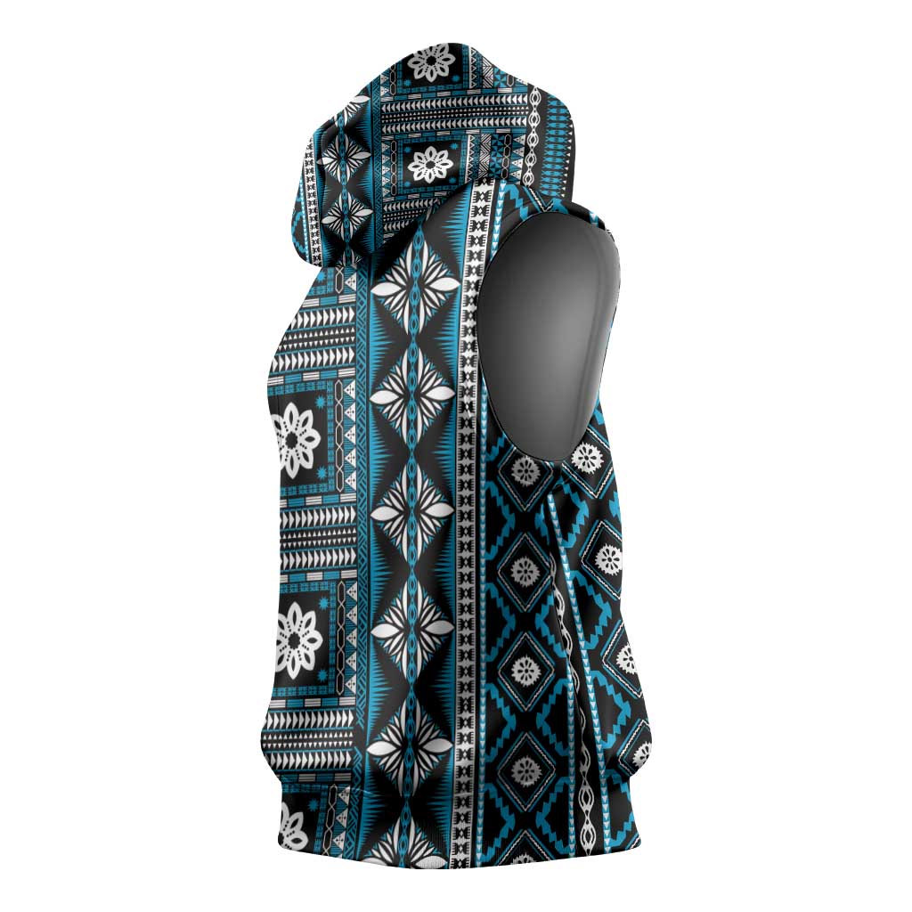 Fiji Masi Tapa Pattern Blue Sleeveless Hoodie LT01 - Polynesian Pride