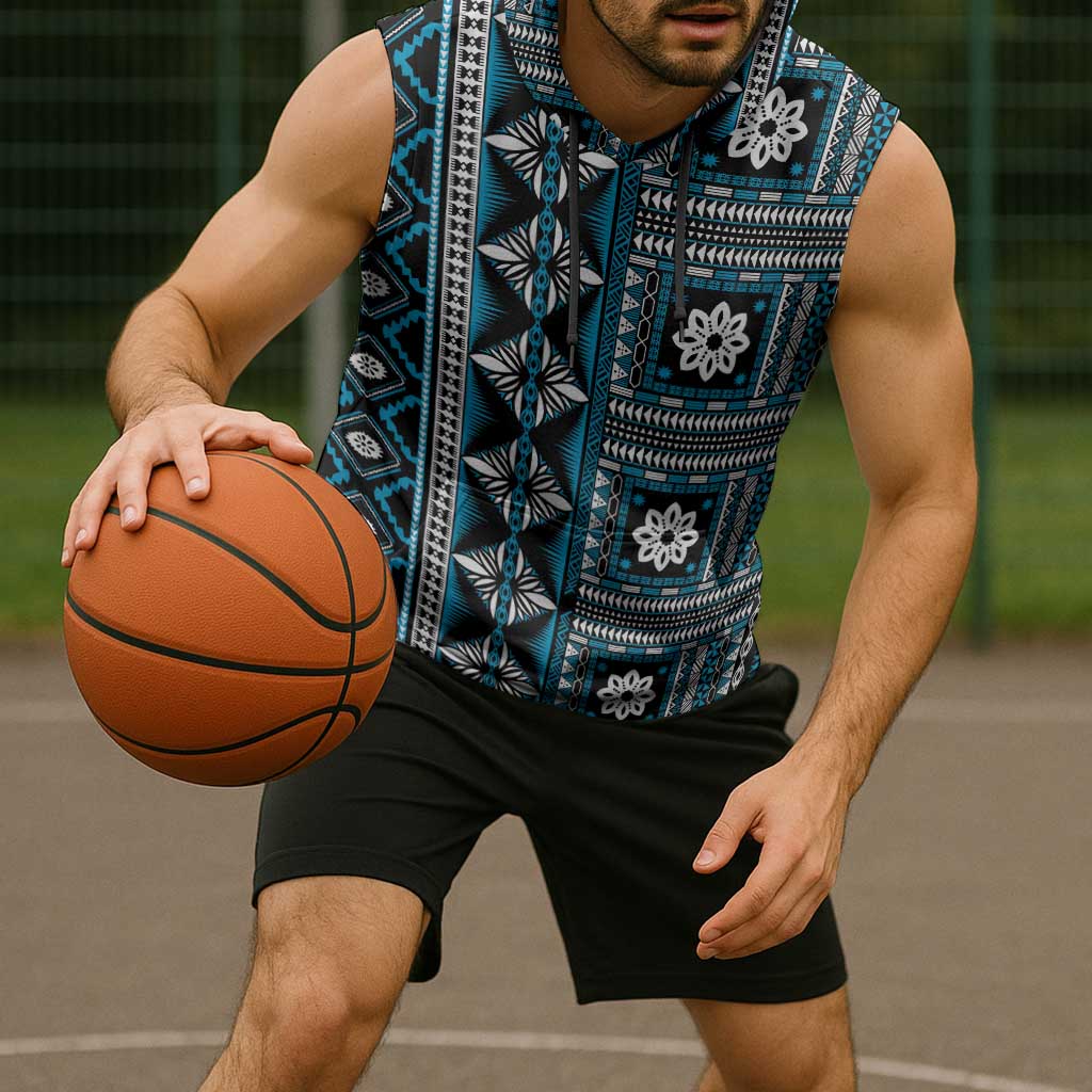 Fiji Masi Tapa Pattern Blue Sleeveless Hoodie LT01 - Polynesian Pride