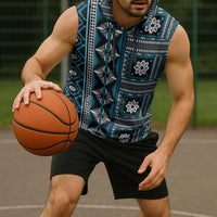 Fiji Masi Tapa Pattern Blue Sleeveless Hoodie LT01 - Polynesian Pride