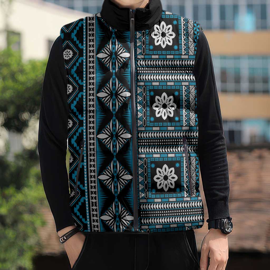Fiji Masi Tapa Pattern Blue Sleeveless Puffer Jacket LT01 - Polynesian Pride