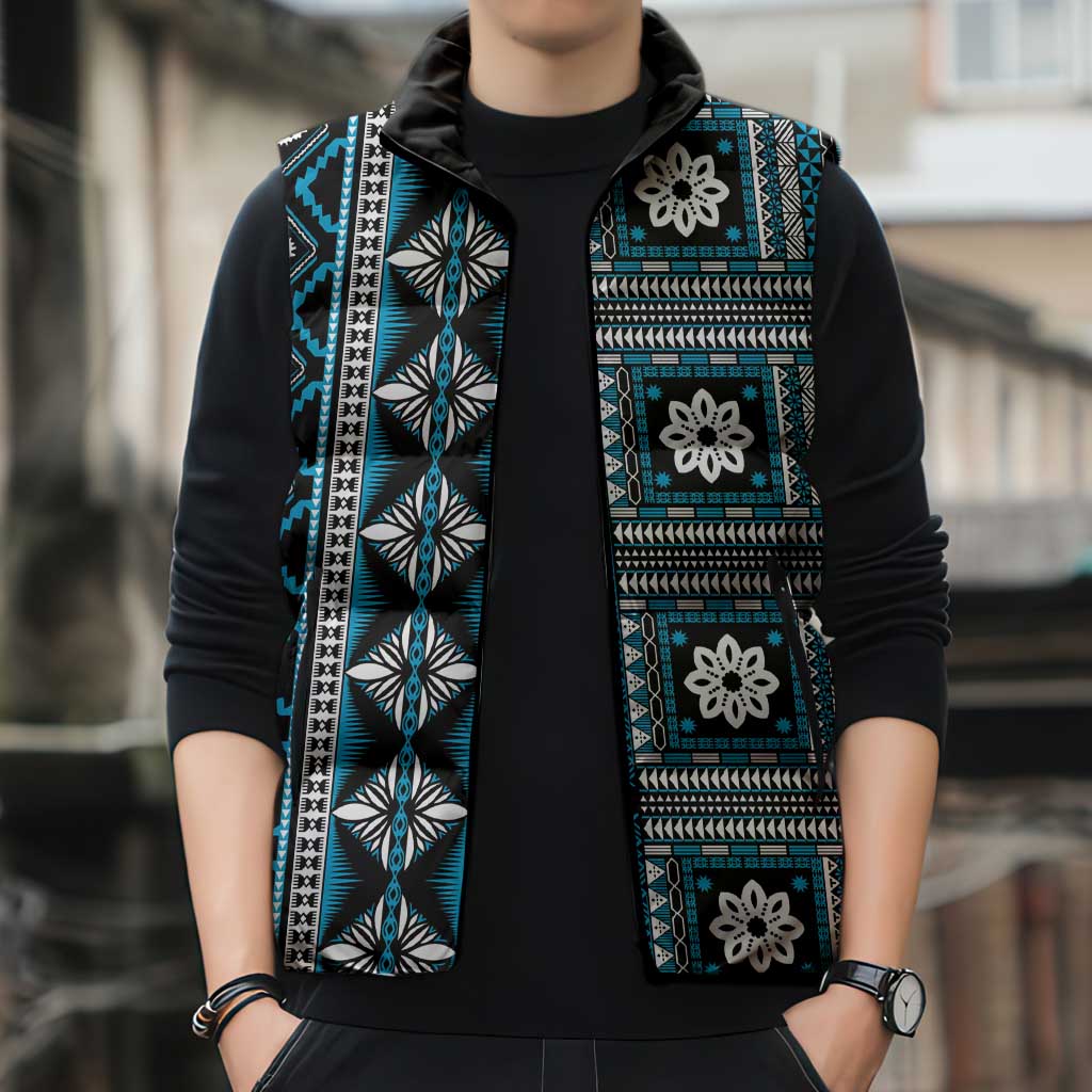 Fiji Masi Tapa Pattern Blue Sleeveless Puffer Jacket LT01 - Polynesian Pride