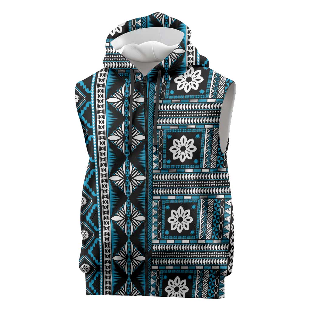 Fiji Masi Tapa Pattern Blue Sleeveless Zip Hoodie LT01 Blue - Polynesian Pride