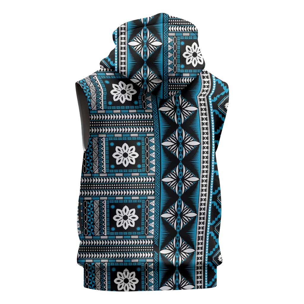 Fiji Masi Tapa Pattern Blue Sleeveless Zip Hoodie LT01 - Polynesian Pride